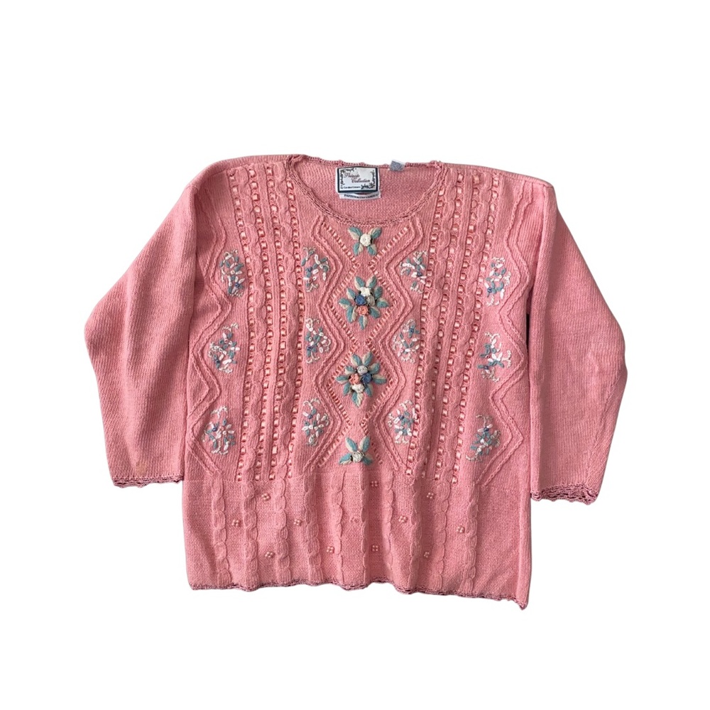 Private Collection Carolina Colours Pink Embroidered Knit Sweater Top‎ M